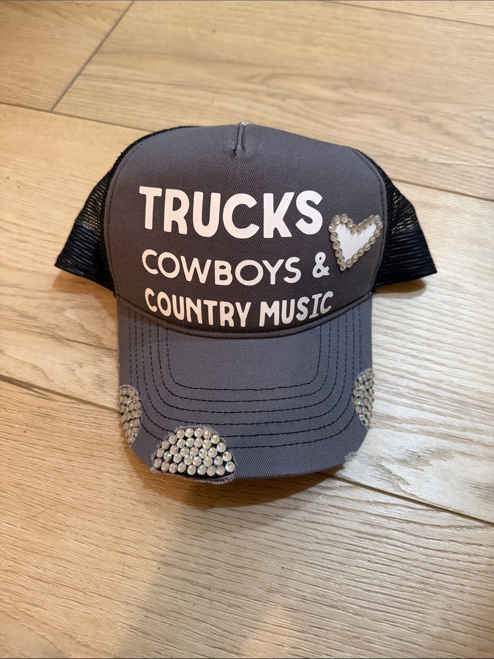Country Trucker Hat - "TRUCKS COWBOYS & COUNTRY MUSIC" in Gray with Rhinestones